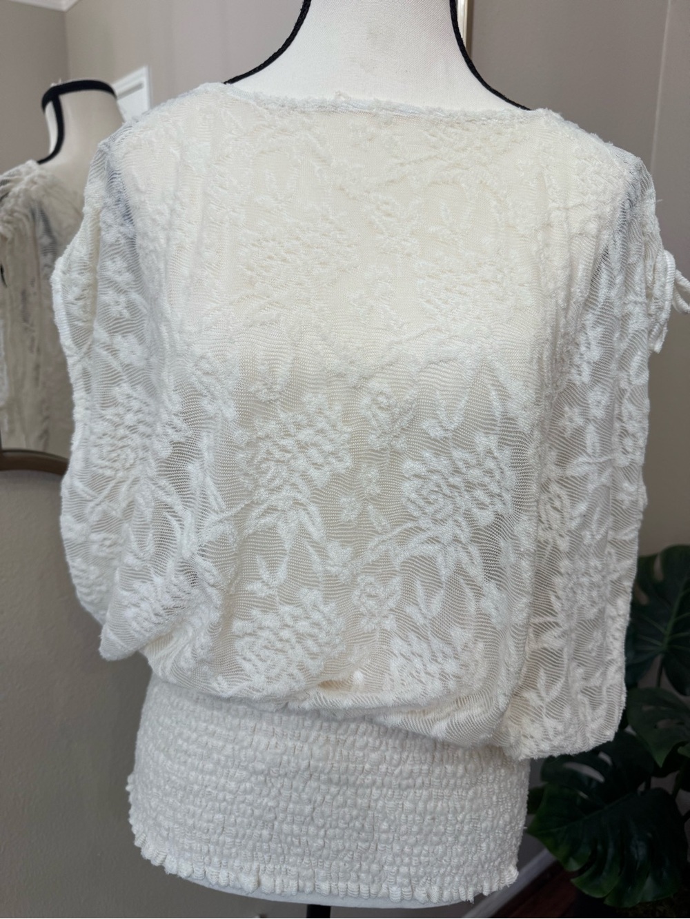 Anthropologie Deletta Ivory Lace Dolman Smocked Top Medium